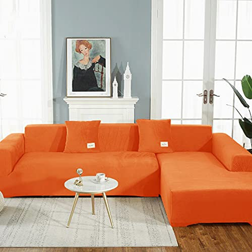 OKJK Samt Sofaüberwurf Stretch All-Inclusive Couchbezug Eckcouch, Wohnzimmer Vier Jahreszeiten universeller l Form Sofabezug, Pflegeleichter Sofaschutz (Orange,Part B-B 190-230cm)