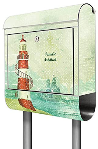 banjado® Briefkasten mit Standfuß personalisiert Motiv Alter Leuchtturm - Stand Briefkasten Edelstahl mit Zeitungsfach - Postbox/Postkasten A4 Einwurf inkl. Montagematerial & 2 Schlüssel