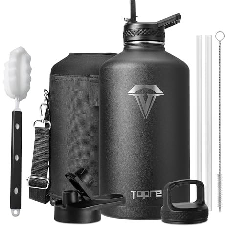 Topre Gallon Water Bottle Insulated, 128 oz Stainless Steel Water Bottles with Straw, Double Walled Vacuum Large Water Bottle with 3 Lids & Brush, Leak Proof Metal Water Bottle for Sport Gym Camping