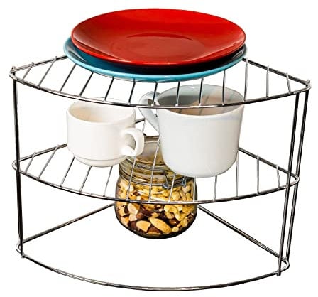 FB FunkyBuys 3 Tier Kitchen Cupboard Organiser | Steel Corner Plate Rack, Corner Cupboard Storage Organiser | White Plate Organiser for Kitchen Cupboard, Tidy Plate Stand for Cupboard, Bowls & Mugs