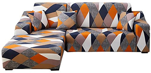 Ryoizen Sofa Überwürfe L Form Sofabezug Elastische Stretch Sofa Abdeckung 2er Set für 1 Sitzer + 2 Sitzer Couchbezug Sofahusse Ecksofa Antirutsch Eckcouch überwurf,Orange Geometrie