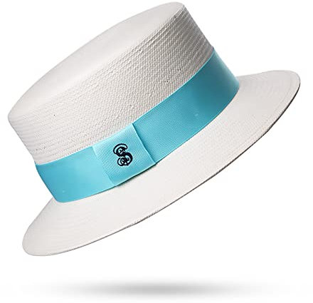 BOTOWI Damen-Bootshut mit Band, UV-Schutz-Sonnenhut mit breiter Krempe, UPF50+ Skimmer-Hut, Stroh-Strandhut, 20er-Jahre-Kostümzubehör,Beige,One Size