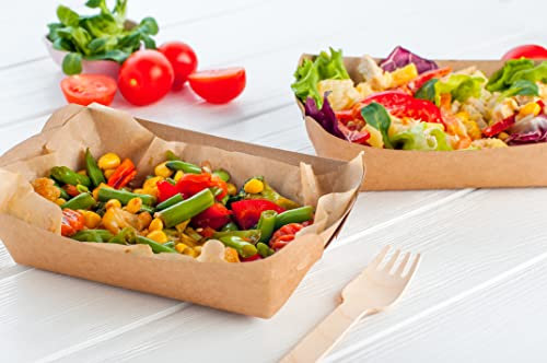 HOT BARGAINS 500 X Disposable Kraft Paper Boat Trays 23oz (13.7 x 8.8 x 5.5cm) Size Medium Organic Coating Food Tray for Hot Dog, Food Serving Tray, Nacho Party Trays (Medium, 9)