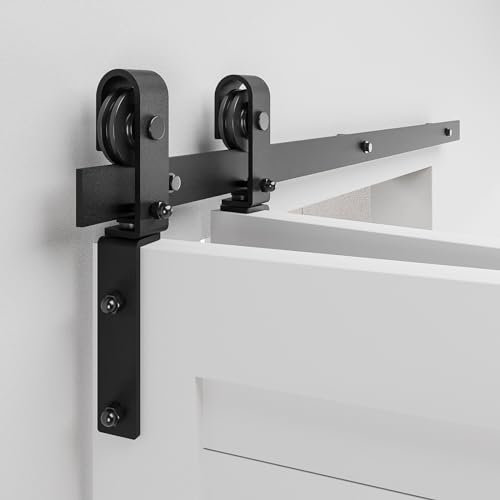 BONIKLUBA - Kit di montaggio per porta scorrevole a due ante pieghevoli, 152,4 cm, per 2 porte, funzionamento senza intoppi e silenzioso, rullo a forma di J, binario nero, porte non incluse