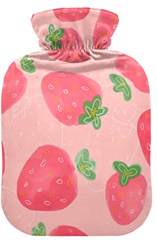 YOUJUNER Hot Water Bottle with Pink Strawberry Print Cover 2 Litre Large Hot Water Bag Warm Comfort Hand Feet Warmer