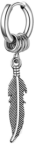 JewelryWe Schmuck Ohrringe Herren Punk Creolen mit Blatt Feder Anhänger Edelstahl Baumeln Ohrhänger Ohrstecker Silber