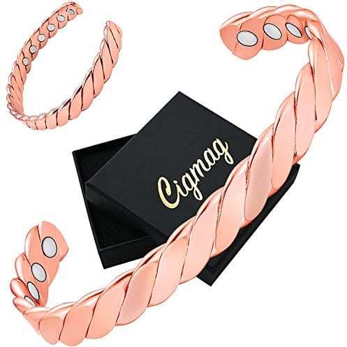 Cigmag 12X Lymphatic Drainage Copper Bracelet for Women Ultra Strength Magnet Solid Pure Copper Magnetic Bracelet Adjustable Cuff Bangle with Present Box (Rose Gold)