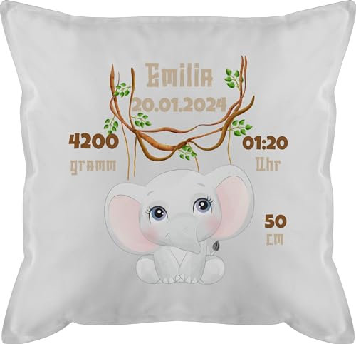 Kissen 50x50 - Geburtsgeschenk Elefant Datum Gewicht Uhrzeit Größe I Geschenk zur Geburt - 50 x 50 cm - Weiß - personalisiertes geburtskissen personalisierte Baby Elefanten männerkissen Junge