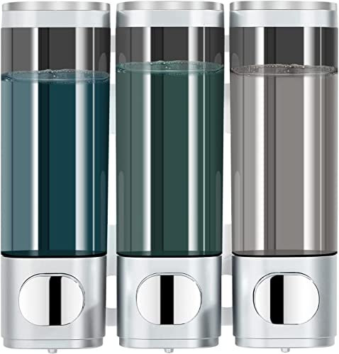 modunful Shampoo and Conditioner Dispenser, Shower Dispenser 3 Chamber No Drill Shampoo Dispenser for Shower Wall Mounted Conditioner Body Wash Liquid Soap for Bathroom,Large Capacity,Silver