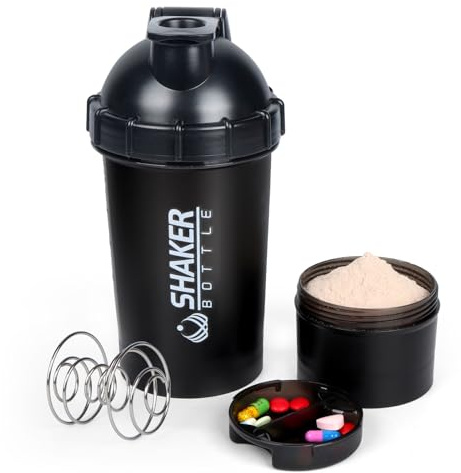 XTKS Shaker Bottle Shaker Bouteille shaker de avec rangement pour poudre et pilulier - 500 ml - Pour mélanges de protéines avec boule mélangeuse - Bouteille mélangeur anti-fuite pour pré-entraînement