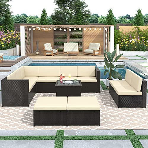 Eailaveo 9 Piece Rattan Sectional Seating Group with Cushions and Ottoman, Patio Furniture Sets, Outdoor Wicker Sectional (Beige)