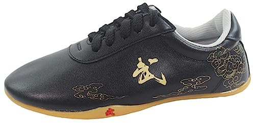 Männer Frauen Kung Fu Tai Chi Schuhe, Leichte Leder Kampfsport Schuhe Nicht Slip Wushu Shaolin Trainingsschuhe,Schwarz,43 EU