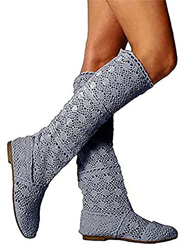 ORANDESIGNE Donna Ricamo Stivali Estive Traspirante Stivali Elegante Sandali Tinta Unita Stivali Piatti Testa Rotonda Stivali Alti Stivali da Cavaliere A Grigio 37 EU