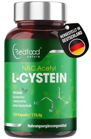 Redfood® - NAC 800 mg pro Kapsel | 120 Kapseln | Hochdosiert N-Acetyl-L-Cystein | Hohe Bioverfügbarkeit und Verträglichkeit | Vegan | Made in Germany