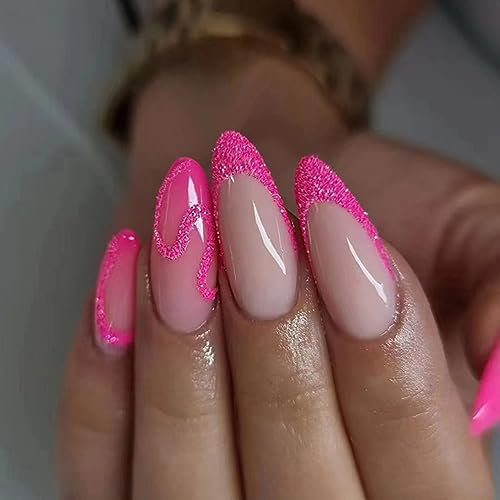Almond False Nails Medium, 24Pcs Rose Red Glitter French Fake Nails, Ballerina Press on Nails with Nails Glue Stickers, Stiletto Acrylic Stick on Nails for Women and Girls