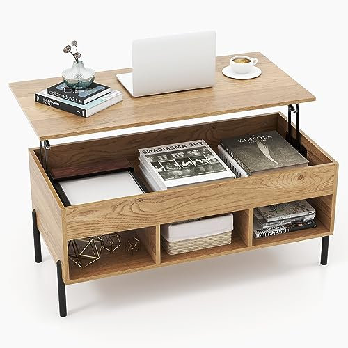 GIANTEX Table Basse Plateau Relevable, Table de Salon avec 3 Compartiments & Rangement Caché & Pieds en Métal, Transformable Moderne pour Bureau,Chambre, 100x50x45cm (Naturel)