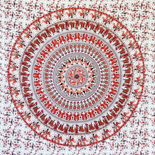 MOMOMUS Wandteppich Mandala - Stoff, Bunt, Orientalische Design- Ideal als Wandtuch Mandala, Wandbehang und Wandteppich Boho- Weiß-Orange, 210x230 cm