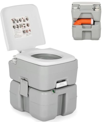 SPOTRAVEL 20L Portable Camping Toilet, Outdoor Flushing Toilet with 2 Detachable Tanks, Flush Pump & Level Indicator, Compact Emergency Commode Porta Potty for RV Travelling Hiking Road Trip