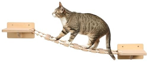 Navaris Arbre à Chat Mural - Parcours Mural en Bois de Pin avec Échelle Corde en Jute et Deux Grandes Plateformes - Arbre a Chat Design Mur Escalade avec Charge Max de 13 kg
