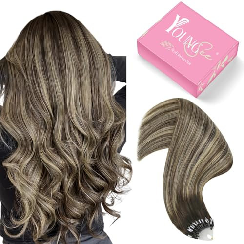 YoungSee Extensions Echthaar Balayage 60cm Micro Ring Hair Extensions Braun Ombre Aschblond Haarverlangerung Micro Loop Langes Glattes Haar Microring Extensions mit Silikon 50g #4/18/4