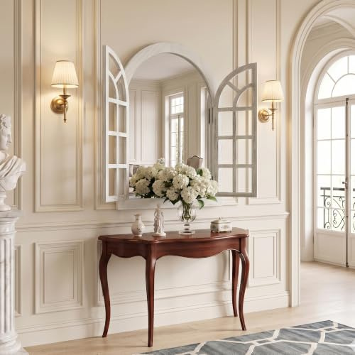 Dorlicecass Espejo de pared arqueado, espejos de ventana para decoración de pared, marco de madera, decoración de granja, espejos de pared decorativos blancos como ventana para dormitorio, sala de