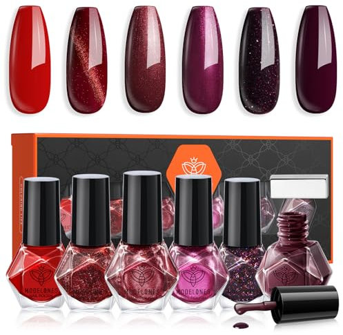 MODELONES Nagellack 6 PCS, Nagellack Set Rot Glitzer Violett, Nagellack Schnelltrocknend, Langanhaltender Nagellack Weihnachten für DIY Salon Geschenk für Maniküre Salon