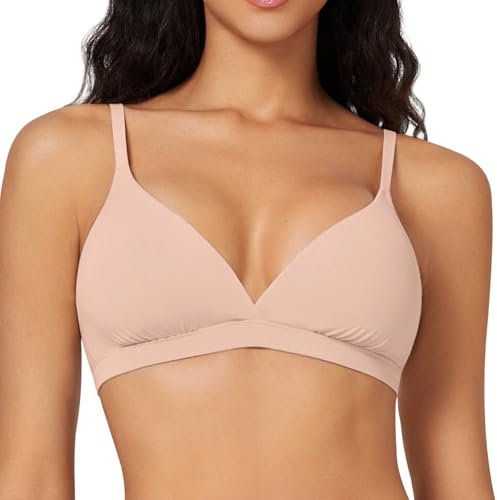 LEYSHE Triangel BH Damen Ohne Bügel Nahtloser Bralette V-Ausschnitt Seamless Bustier Damen Gepolstert Bügelloser Tshirt BH für Kleine Brüste,Beige,M