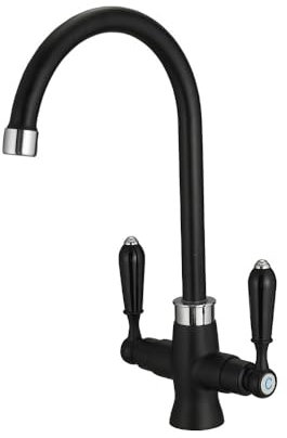 Heable Matte Black Kitchen Sink Mixer Tap Elegant Ceramic Dual Lever Monobloc Swivel Spout Kitchen Taps with UK Standard Fittings