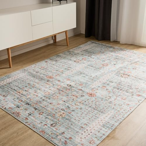 benuta Basic Waschbarer Teppich George - Türkis 240x340 cm - Kunstfaser - Rechteckig & im Style: Vintage, Elegant, Retro - Pflegeleicht für Wohnzimmer Schlafzimmer