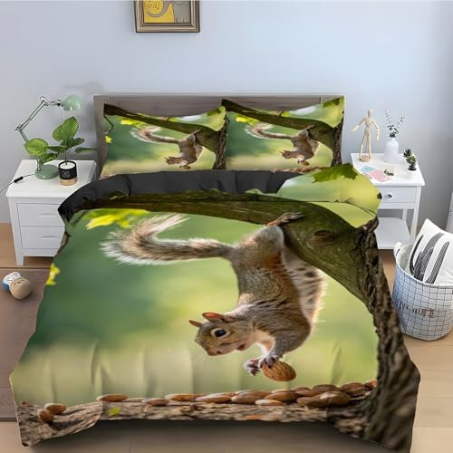 EXSANLIEAY Nussbaum BettwäSche 200x200 EichhöRnchen Muster Wende BettwäSche-Sets Microfaser Bettbezug & 2 Kissenbezug 80x80 mit Reißverschluss, Weich & Bügelfrei, Als Ganzjahres-Bettwäsche Geeignet