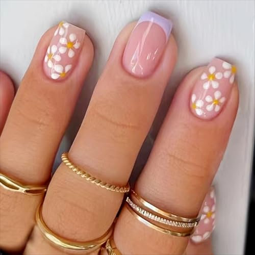 24-Piece French Tip False Nails with Daisy Flower Square Shape. Short, Stick-On, Removable Glue-On, Purple Full Cover Nails. Women's & Girls' Fashion Accessory