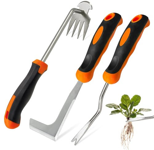 ROLLWAY 3 Pièces Désherbeur Manuel Acier Inoxydable Arrache Mauvaise Herbe, Arrache Pissenlit Couteau Désherbeur Désherbeurs Manuels Tire Racine Outils Jardinage Grattoir Jardin Rateau de Désherbage