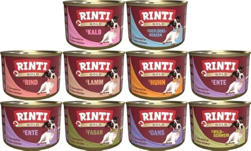RINTI-Gold Hundefutter (Bundle) 10 x 185g | Nassfutter für kleine Feinschmecker | Garantierter 5-Sorten-Mix | 70% Fleisch & Innereien | Ohne Formfleisch, Soja, Farb- & Aromastoffe