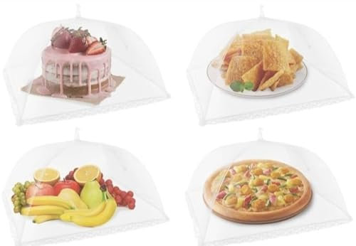 comvastars 4Stück Fliegenhaube Lebensmittel,Weiß Fliegenhaube faltbar,Obstnetz,Pop-up Regenschirm-Netzzelt, Insektenschutz für Outdoor,Camping,Obst,Picknick,BBQ,Zusammenklappbar und wiederverwendbar