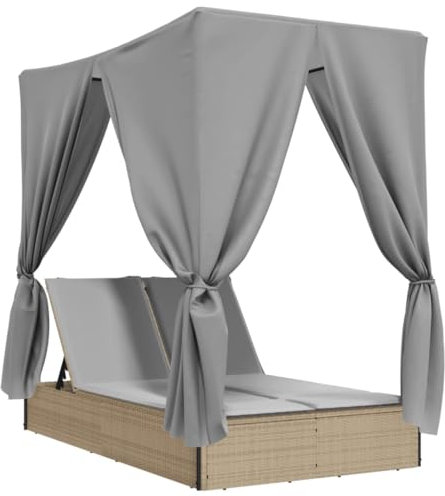 Emmtore Sonnenliege, Doppelliege mit Dach Vorhängen, Gartenliege Verstellbare Rückenlehne, Relaxliege Liege Gartenmöbel,Poly Rattan Sonnenliege,Beige und Grau