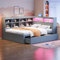 Tagesbett Schlafsofa 140x200, Holzbett Multifunktionsbett mit USB-Steckdose, LED-Licht, großen Schubladen, Mehreren Ablagefächern&Regalen, Doppelbett Massivholzbett mit Lattenrost, Ohne Matratze, Grau