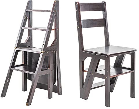 Solid Wood Folding Ladder Chair,Protable 4-Step Library Ladder,Convertible Folding Chair Step Stool Display Stand for Adults Office Home Kitchen Outdoor