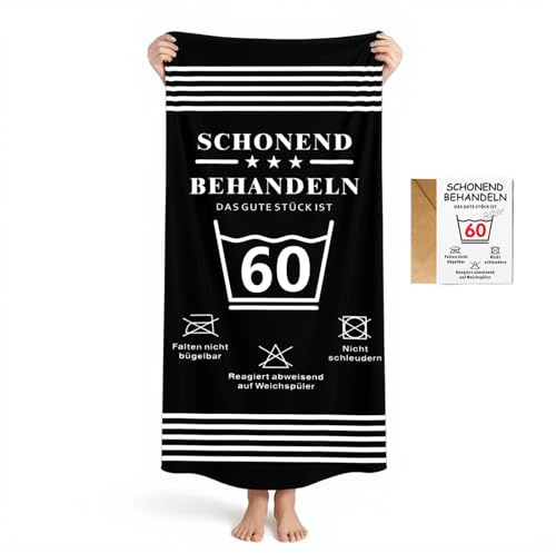 Gratitopia Geschenke zum 60. Geburtstag - Schwarz Handtuch & Strandtuch mit Geburtstagskarte 60(160x80cm)- Schonend behandeln Das Gute Stück ist 60 - Lustige Geschenk 60 Geburtstag für Männer & Frauen