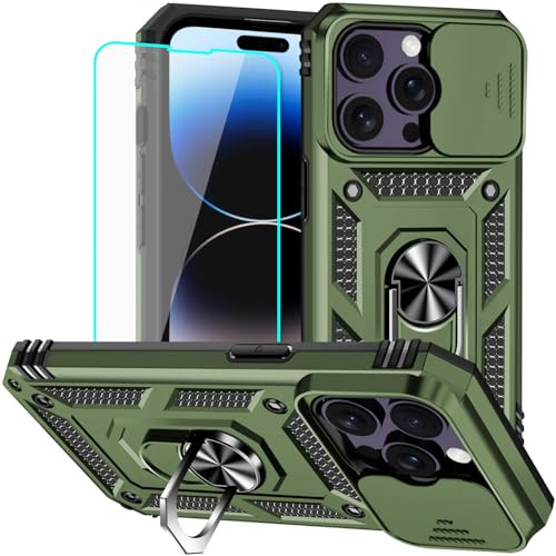Yiakeng for iPhone 14 Pro Max Case with Screen Protector: [Military Grade 20ft. Drop Tested] Slide Camera Cover Ring Shockproof Protective Phone Case for - iPhone 14 Pro Max (Army Green)
