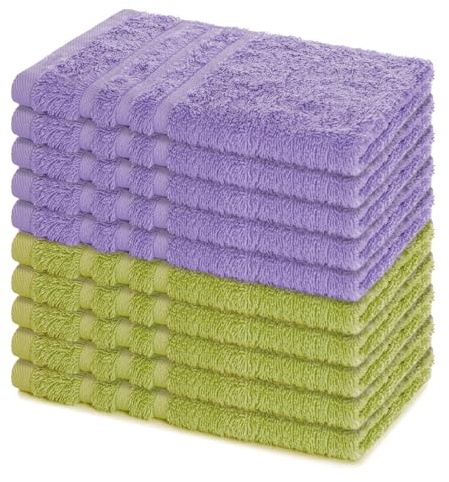 Lavea® 10er Set Gästehandtücher 30x50 cm – Lindgrün & Lavendel | Weiche & Saugstarke Gästetücher aus 100% Baumwolle, Frottierserie Elena, Waschbar 60°C, Trocknergeeignet