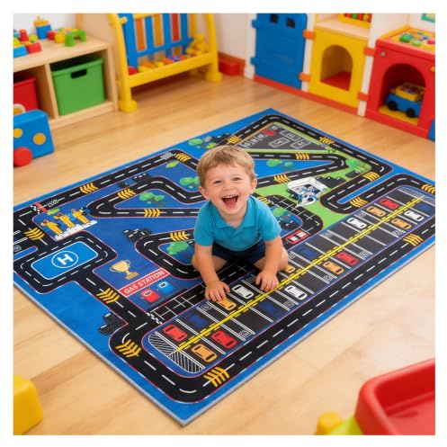 Kinder Rennwagen und Strecken Spielteppich - Rutschfester Kinderzimmerteppich mit Kurzflorstoff, Stadtstraße Bodenbelag, pädagogisches Spielzeugfahrzeug Matte, für Kinder Schlafzimmer Spielzimmer