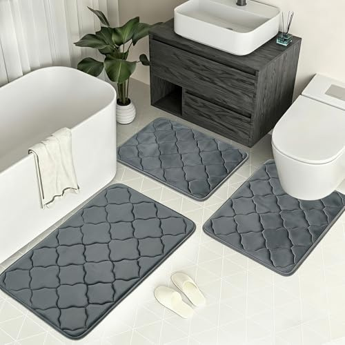 Edlbaegy Badezimmerteppich Set 3 Teilig Weiche Badteppich rutschfest Badteppich Waschbar Badematte Wasserabsorbierend Badezimmermatte Memory Schaum Badvorleger Set für Dusche WC (Dunkelgrau)
