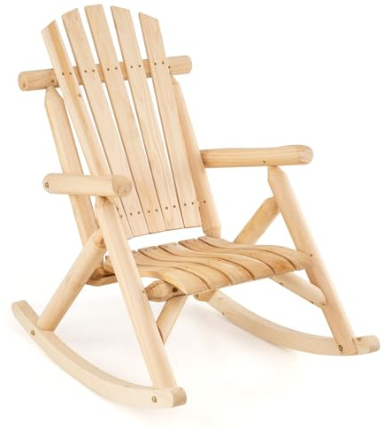 COSTWAY Schaukelstuhl, Schaukelsessel aus Massivholz, Relaxstuhl mit hoher Rückenlehne und Lattenrost Sitz, Schwingsessel, Gartenstuhl für Garten, Terrasse, Balkon, Natur