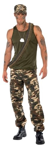 Smiffys Deluxe Khaki Camo Costume, Male, Khaki Green includes Vest, Trousers & Hat, Land, Sea and Air Forces Fancy Dress, Adult Dress Up Costumes