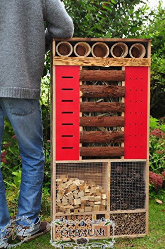 BTV Insektenhotel, Front ROT, WETTERFEST, 122 x 60 cm, MEGA-XXL, NATURFARBEN,große Futterfläche,Front ROT/HOLZHAUS-Natur -Insektenhaus