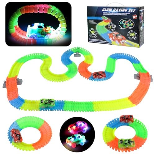 Spielzeug ab 3 4 5 Jahre Junge Leuchtende Autorennbahn - Flexible Kompatible Rennbahn mit 2 LED Auto Spielzeug Kinderspielzeug ab 3 Jahre Junge Mädchen Geburtstagsgeschenk für Kinder (240 Stück)