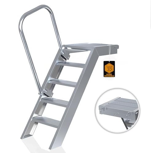 Escaleras de aluminio Rux Rungscaff con ayuda para subir - [5 peldaños] escaleras de exterior - 1 m de alto, 58 cm de ancho, 45 grados - escaleras para estanque, jardín - escaleras con descansillo