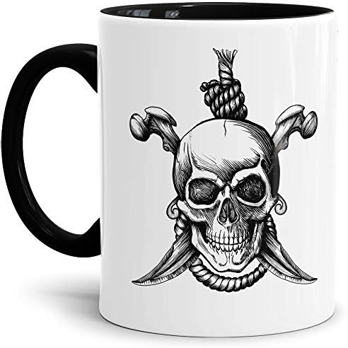 Skull-head Becher/Totenkopf-Tasse Innen & Henkel Schwarz mit Aufdruck mit Knochendolchen und Strick