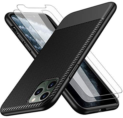 Losvick Case Compatible with iPhone 11 Pro Max with 2x Tempered Glass Screen Protector, Slim Silicone Shockproof Bumper Protection TPU Carbon Fiber Cover for iPhone 11 Pro Max- 6.5 inch- Black