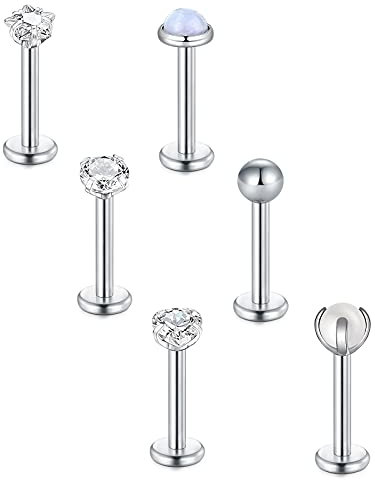 Briana Williams 6stk Tragus Piercing Lippenpiercing Labret Stecker Chirurgenstahl Silber 16G 6/8/10mm Stab mit Zirkonia Helix Ohr Piercing